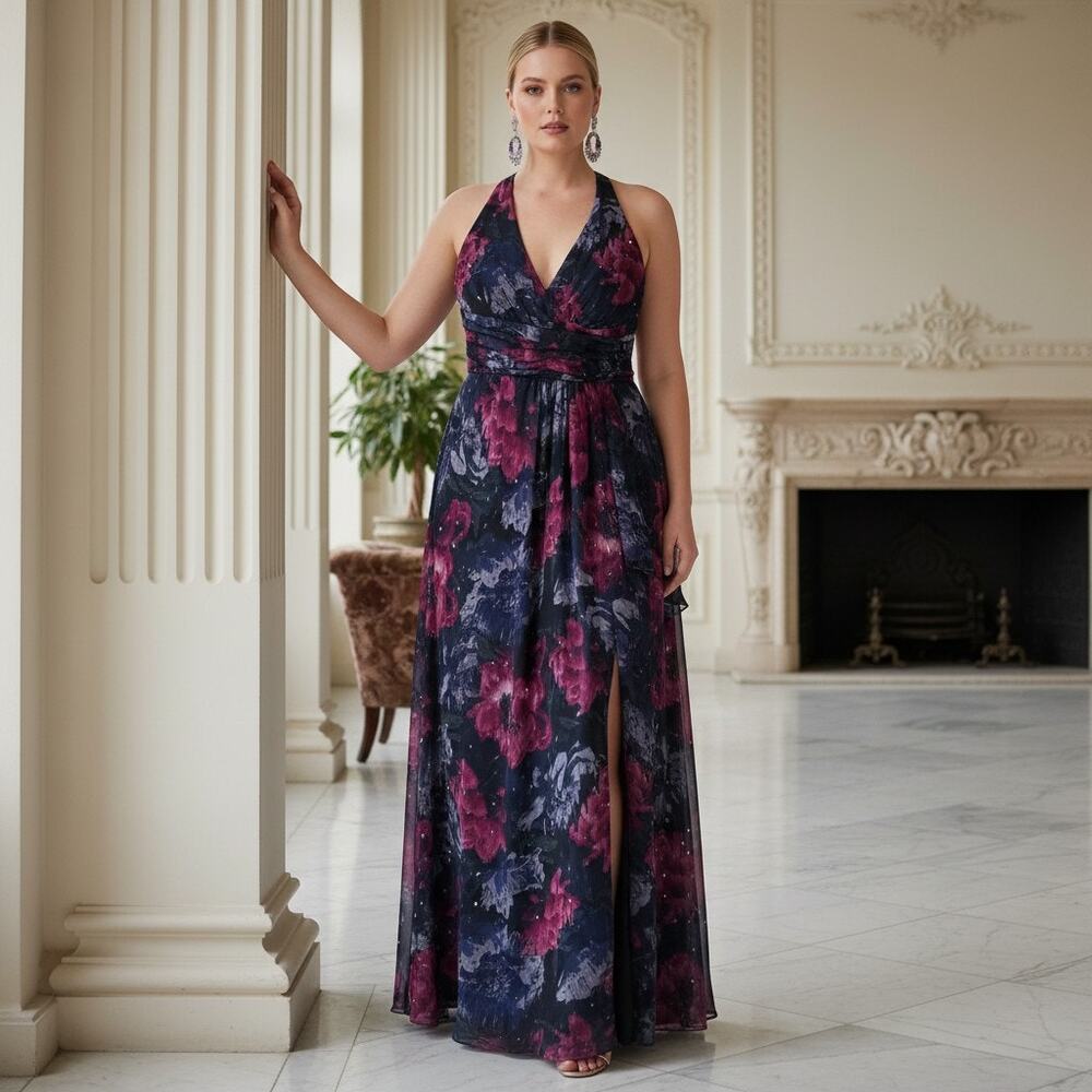 Copied - Siena Multicolor Dark Floral Halter Maxi Dress – Size 16 – NWT